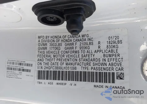 2020 Honda Civic Touring z USA, uszkodzony, nr VIN 2HGFC3B99LH351098